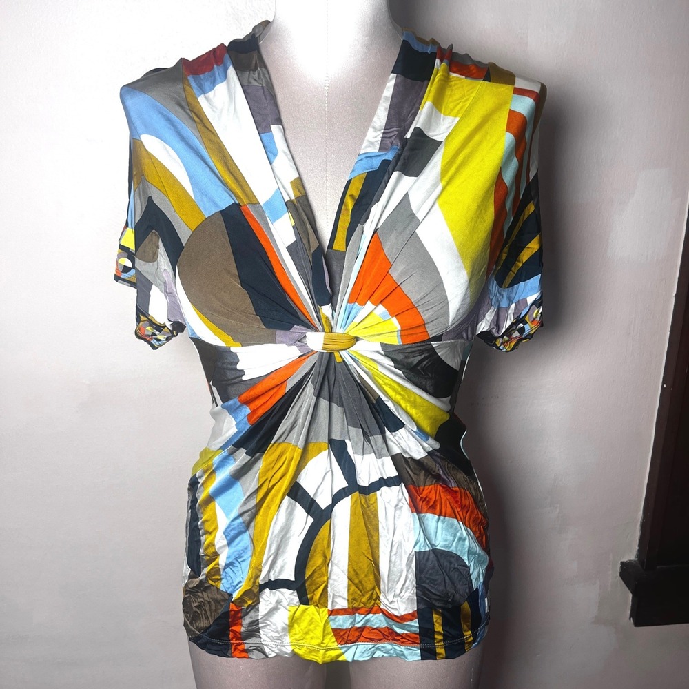 BCBGMAXAZRIA Womens XS Twist Front V-Neck Geometric Abstract Print Top Multi Y2K